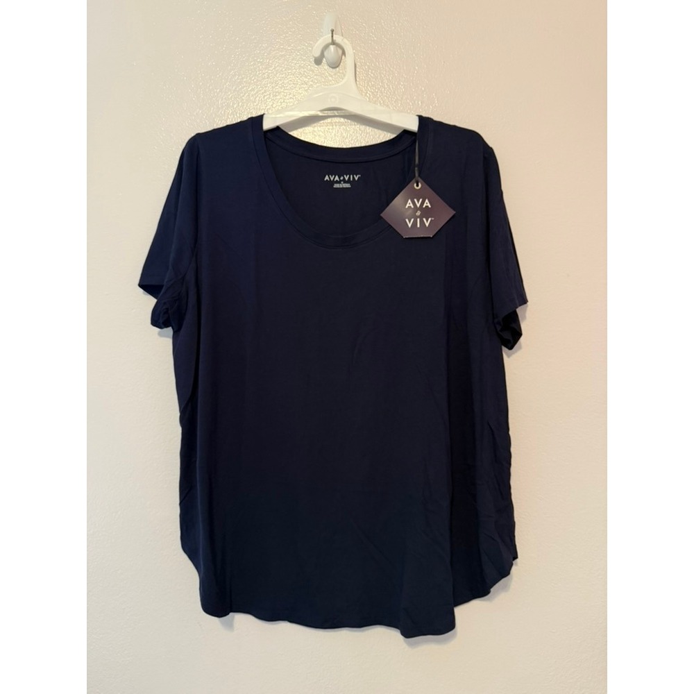 Ava & Viv Womens Navy Blue Short Sleeve Scoop Neck T-Shirt 1X 18 Curved Hem